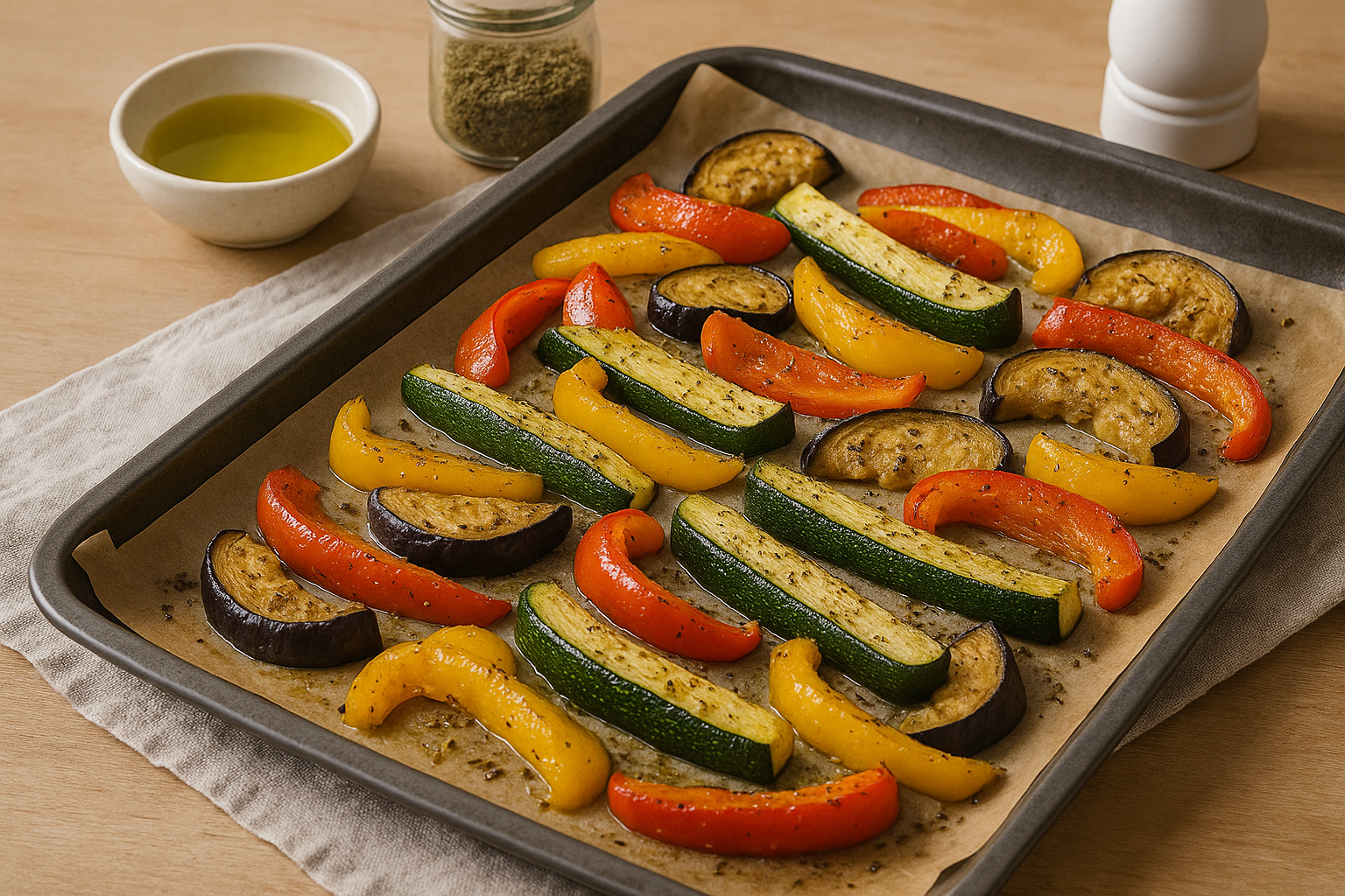 Mediterranes Ofengemüse mit Zucchini, Paprika und Aubergine auf einem Backblech