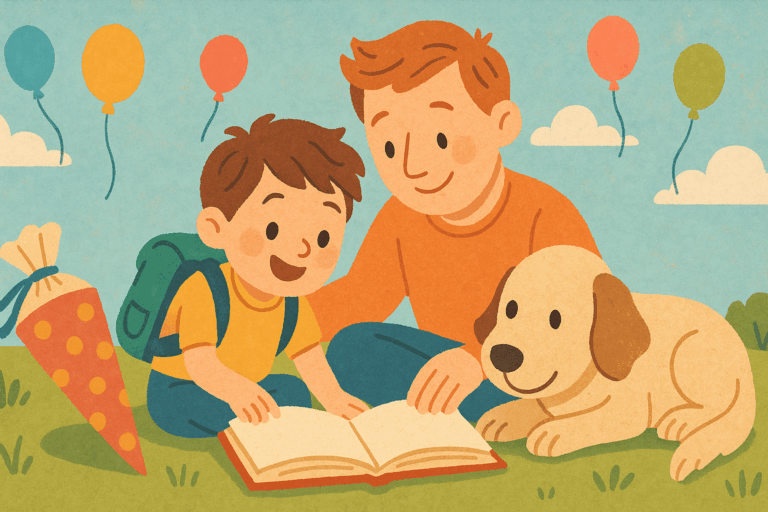Kind mit Schulranzen sitzt mit Elternteil und Hund auf Wiese und liest in Buch, Zuckertüte und Luftballons im Hintergrund, fröhliche Einschulungsszene