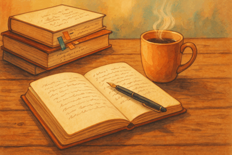 Offenes Notizbuch mit Füller auf altem Holztisch neben einer dampfenden Tasse Kaffee und Bücherstapel, warmes Licht, kreative Stimmung.