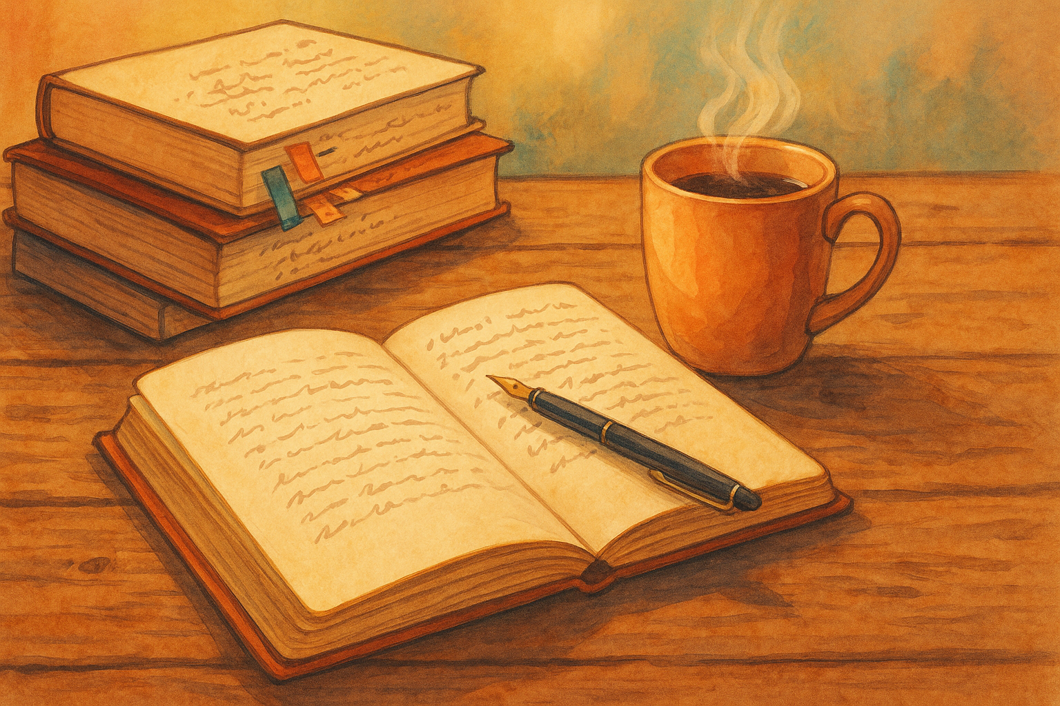 Offenes Notizbuch mit Füller auf altem Holztisch neben einer dampfenden Tasse Kaffee und Bücherstapel, warmes Licht, kreative Stimmung.